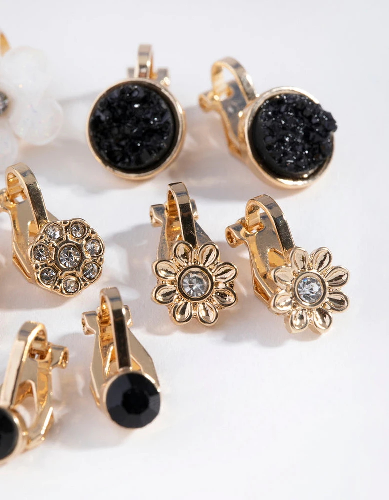 Gold Flower Diamante Clip 5-Pack Earring