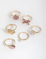 Kids Gold Butterfly & Diamante 6-Pack Rings