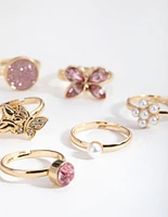 Kids Gold Butterfly & Diamante 6-Pack Rings