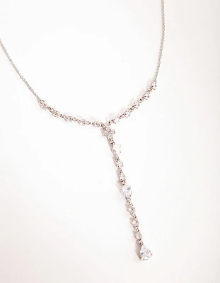 Rhodium Cubic Zirconia Pear Cut Y-Neck Necklace