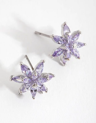 Rhodium Diamond Simulant Flower Stud Earrings