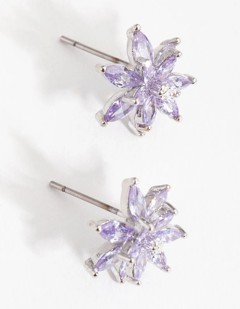 Rhodium Diamond Simulant Flower Stud Earrings