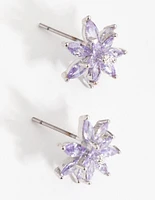 Silver Diamond Simulant Flower Stud Earrings