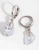 Rhodium Diamond Simulant Heart Huggie Earrings