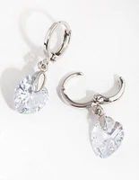 Rhodium Diamond Simulant Heart Huggie Earrings