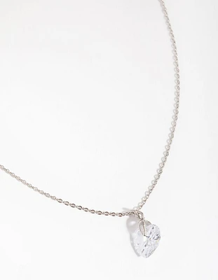 Rhodium Diamond Simulant Heart Necklace