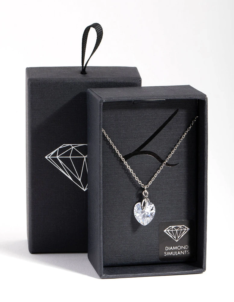 Rhodium Diamond Simulant Heart Necklace