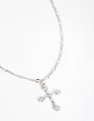 Rhodium Diamond Simulant Decorated Cross Necklace