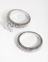 Silver Diamond Simulant Engagement & Wedding Pack Rings