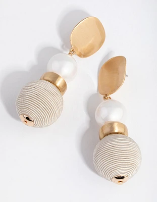 Brushed Gold Thread Wrapped Ball Drop Earrings