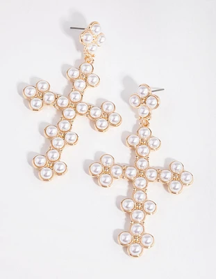 Gold Pearly Cross Earrings