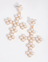 Gold Pearly Cross Earrings