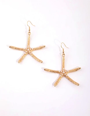 Gold Pearl Starfish Drop Earrings