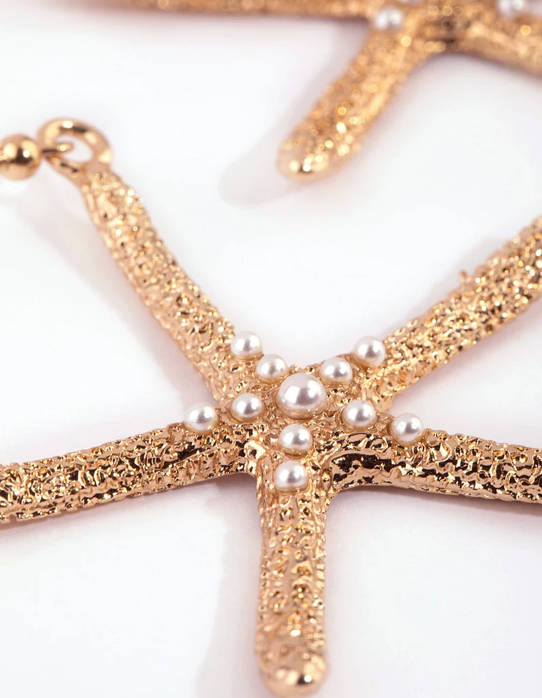 Gold Pearl Starfish Drop Earrings