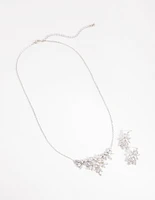 Rhodium Diamond Simulant Navette Flower Necklace & Earrings Set