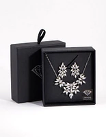 Rhodium Diamond Simulant Navette Flower Necklace & Earrings Set