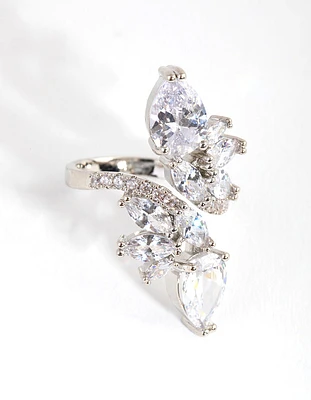 Rhodium Diamond Simulant Multi Cut Open Ring