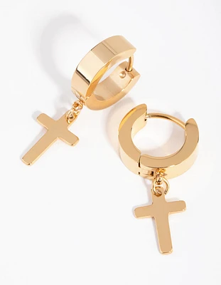 24 Carat Gold Plated Titanium Cross Huggie Earrings
