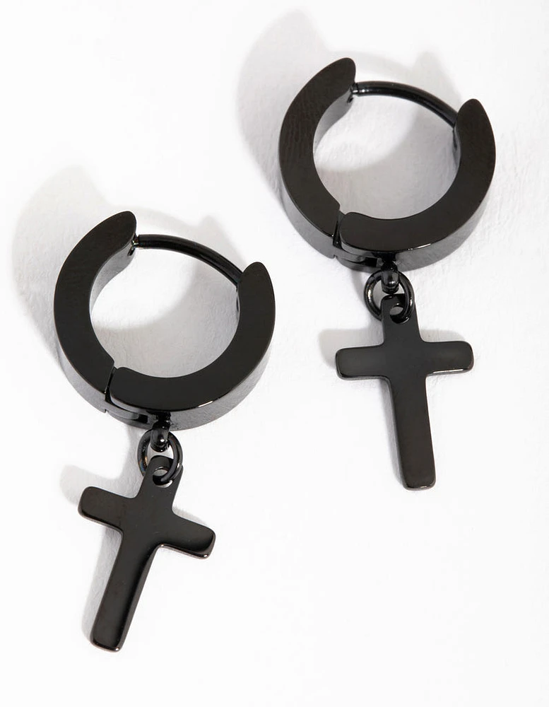 Black Coated Metal Surgical Steel Cross Huggie Earrings