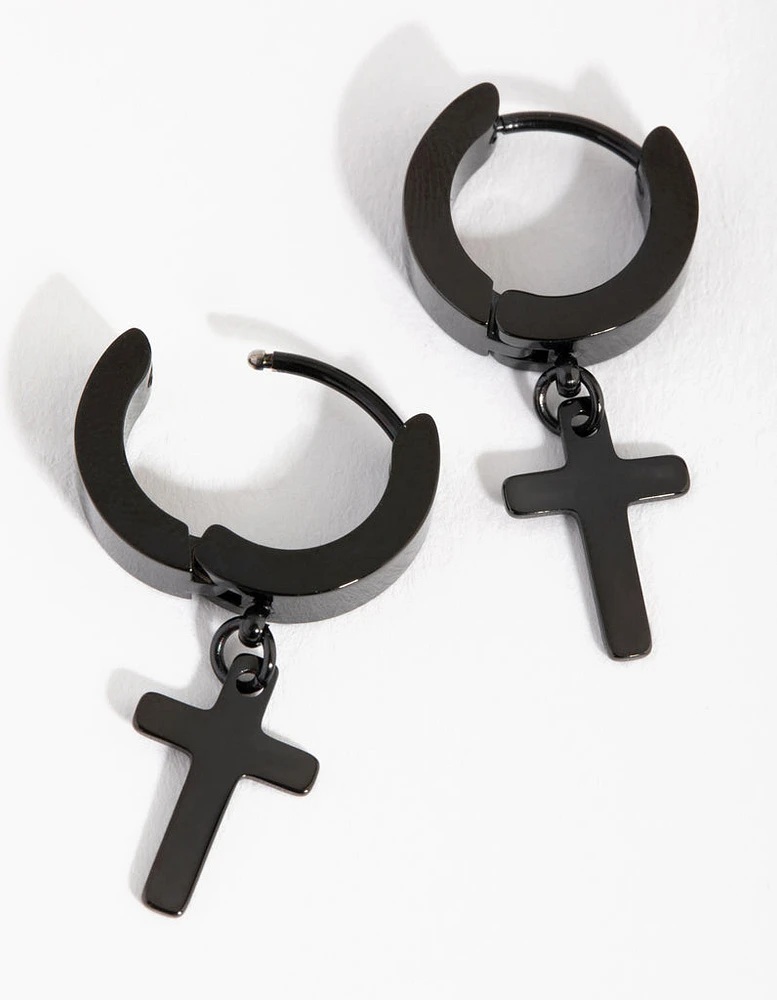 Black Coated Metal Surgical Steel Cross Huggie Earrings