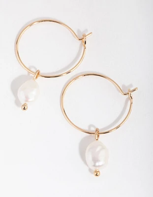 Gold Freshwater Pearl Pebble Pendant Hoop Earrings