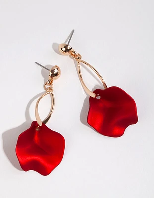 Gold Red Pearlised Petal Drop Earrings