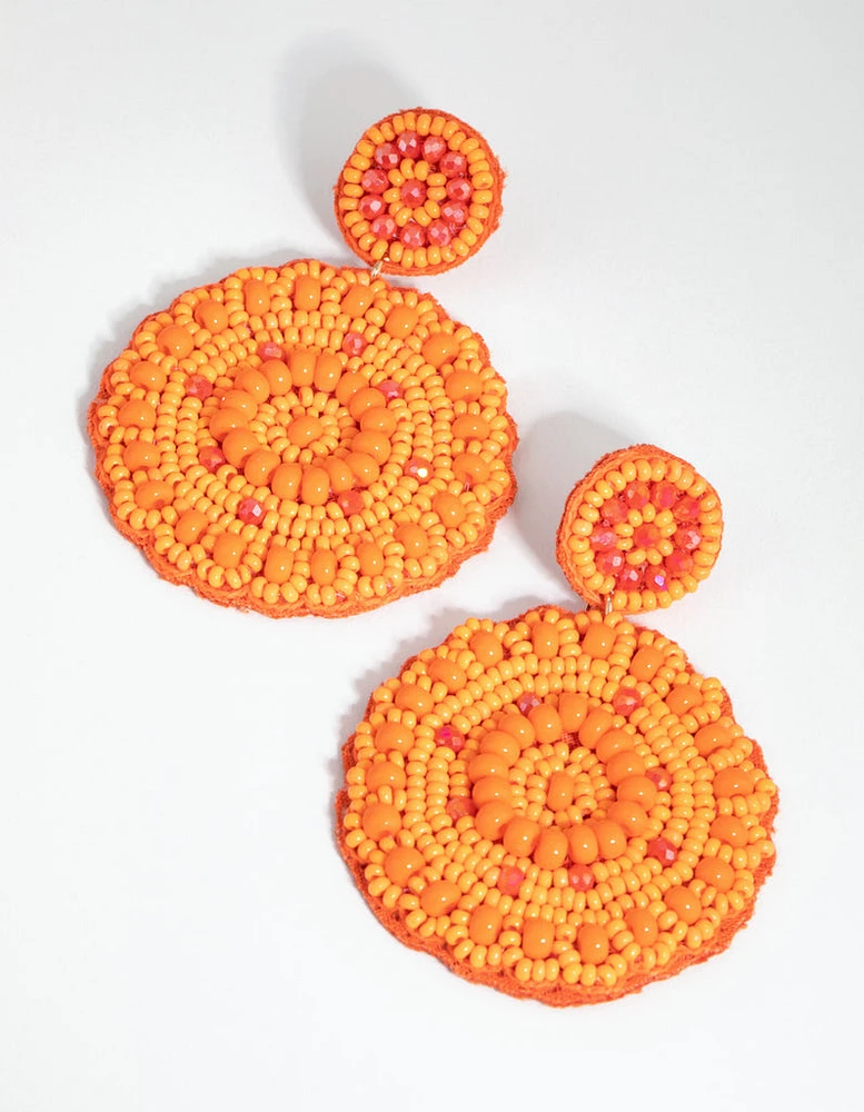 Orange Flat Circle Beaded Drop Earrings