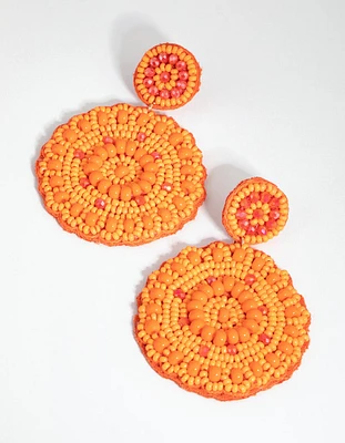 Orange Flat Circle Beaded Drop Earrings