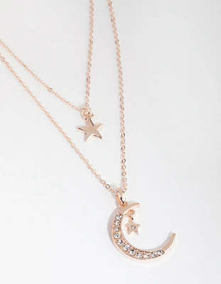 Rose Gold Diamante Moon & Star Necklace