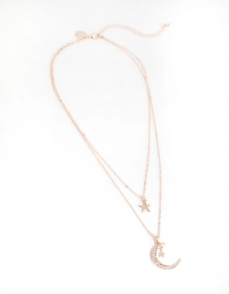 Rose Gold Diamante Moon & Star Necklace