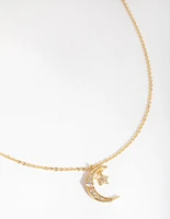 18ct Gold Plated Cubic Zirconia Moon & Star Necklace