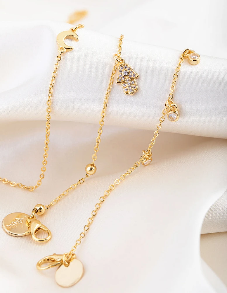 18ct Gold Plated Cubic Zirconia Hamsa & Moon Bracelet Set