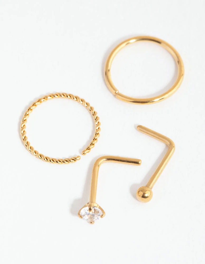 Gold Surgical Steel Diamante Twist Nose Ring 4-Pack