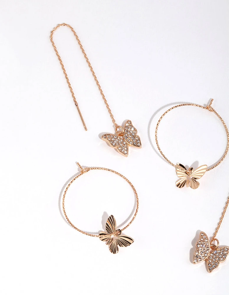 Gold Diamond Cut Butterfly Earring Set