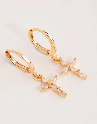 Gold Diamante Cross Huggie Earrings