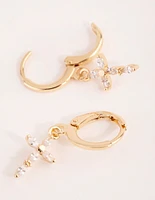 Gold Diamante Cross Huggie Earrings