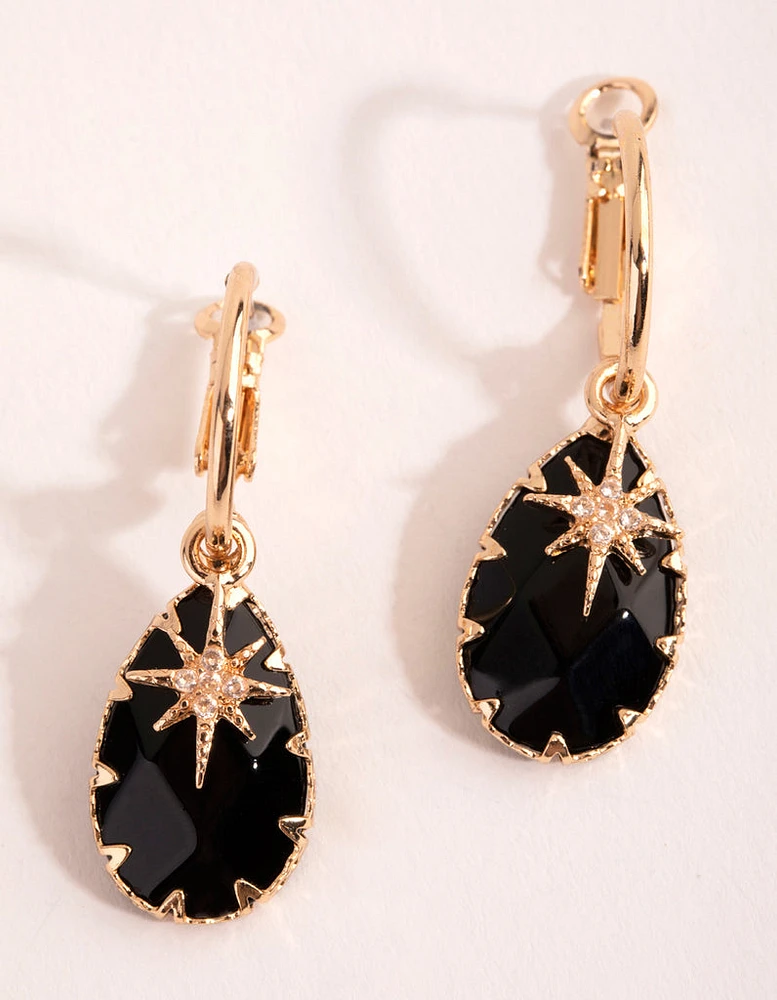 Onyx Star Charm Drop Huggie Earrings