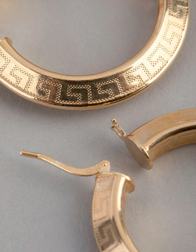 Gold Plated Sterling Silver Greek Key Medium Hoop Earrings