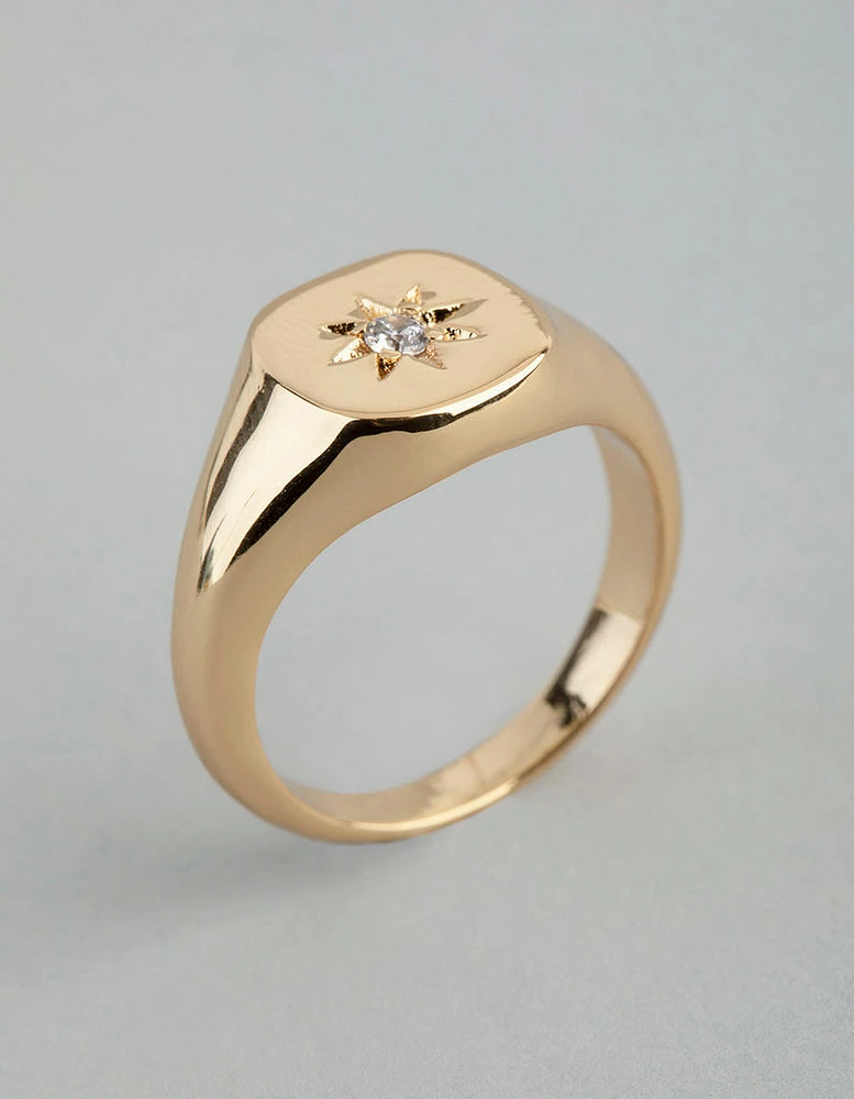 18ct Gold Plated Brass Cubic Zirconia Star Signet Ring