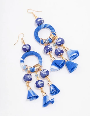 Blue Fabric Wrapped Ball Gathered Earrings