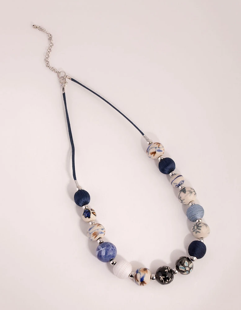 Silver Mixed Porcelain Bead Rope Necklace