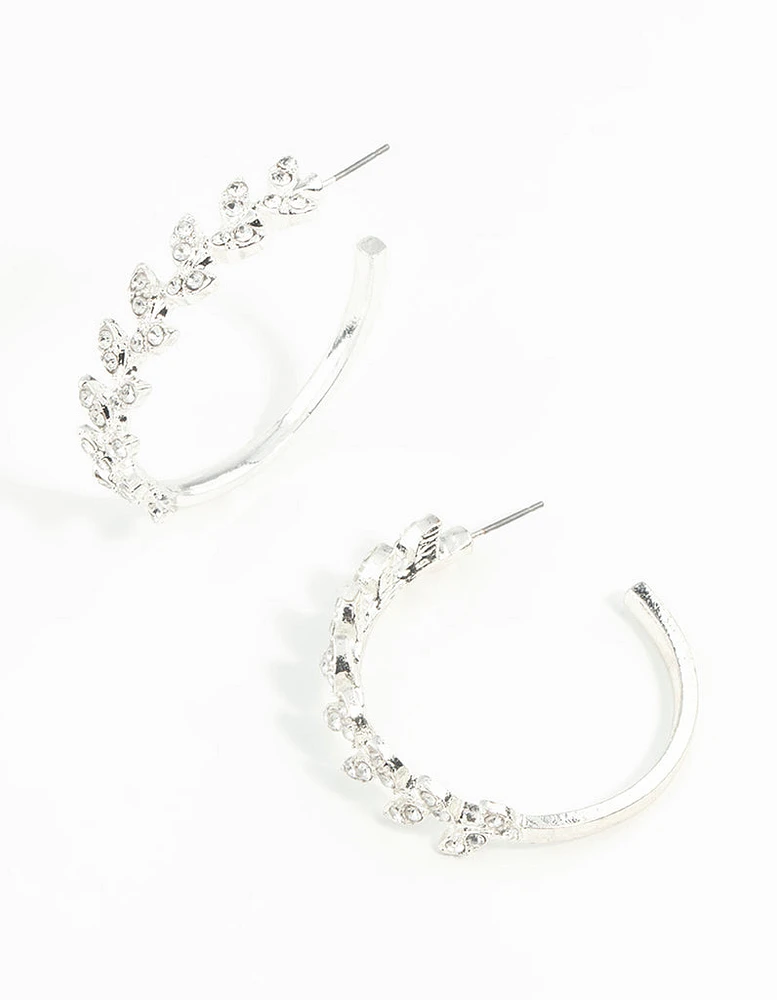 Silver Diamante Leaf Patterned Hoop Earrings