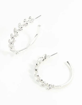 Silver Diamante Leaf Patterned Hoop Earrings