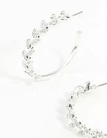 Silver Diamante Leaf Patterned Hoop Earrings