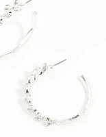 Silver Diamante Leaf Patterned Hoop Earrings