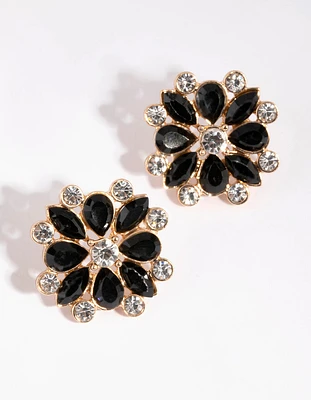 Gold & Black Diamante Flower Stud Earrings