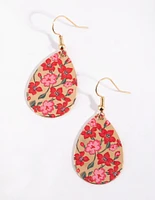 Pink Painted Flower Teardrop Earrings