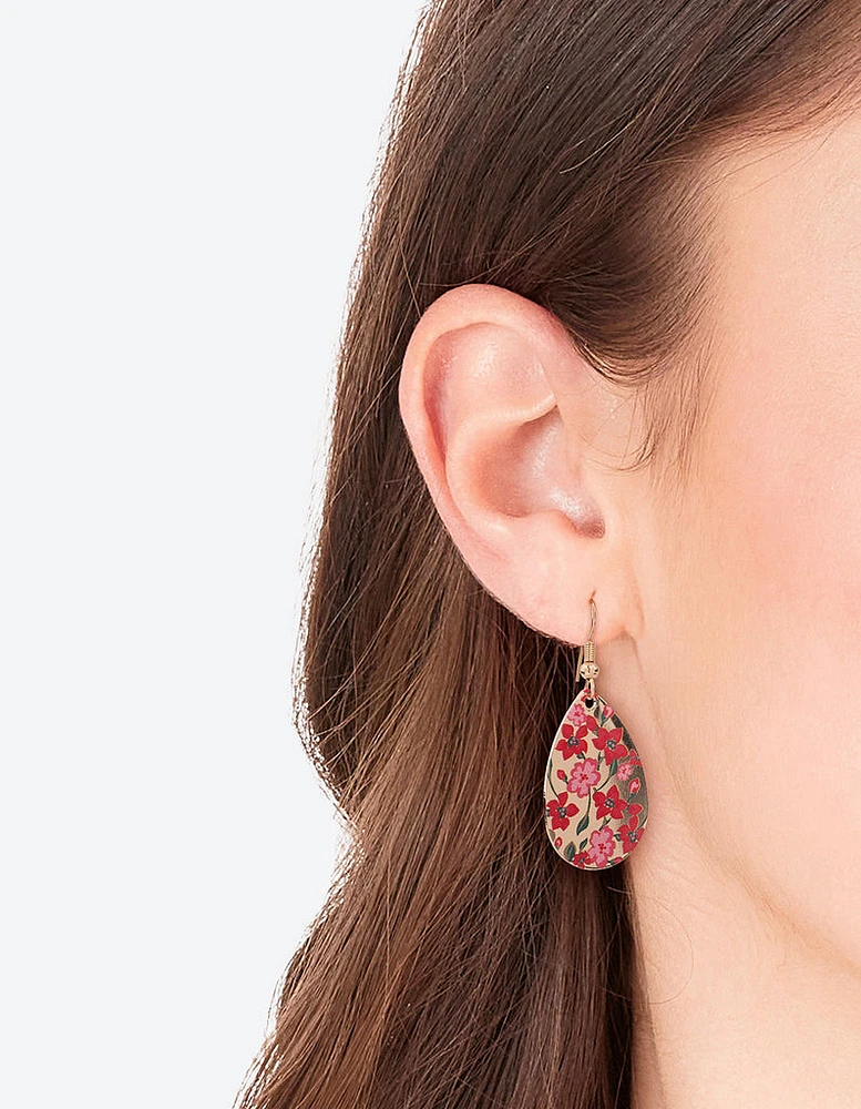 Pink Painted Flower Teardrop Earrings