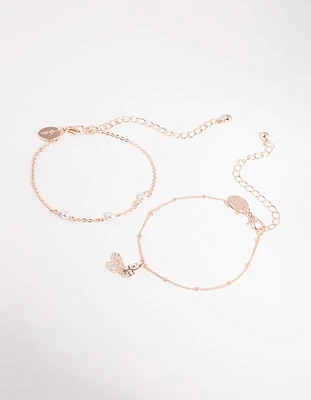 Rose Gold Pearl & Butterfly Bracelet Set