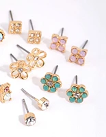 Gold Flower & Diamante Stud Earring Pack